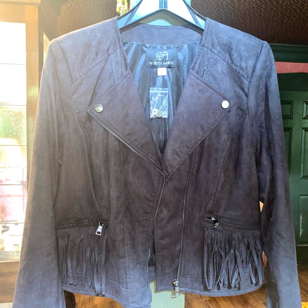 NWT SA by Seth Aaron faux suede black fringe jacket